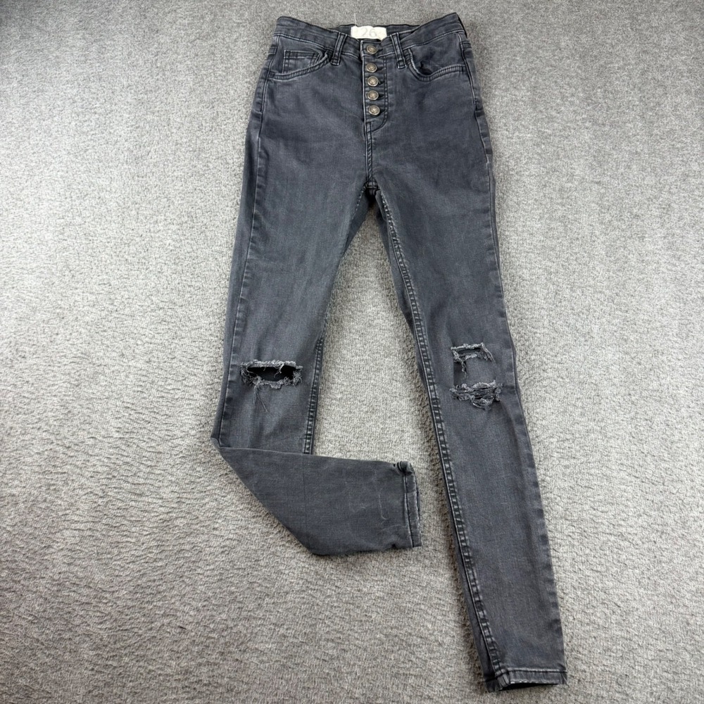 Free People Skinny Jeans Women's 26 Black High Rise Distressed Button Fly